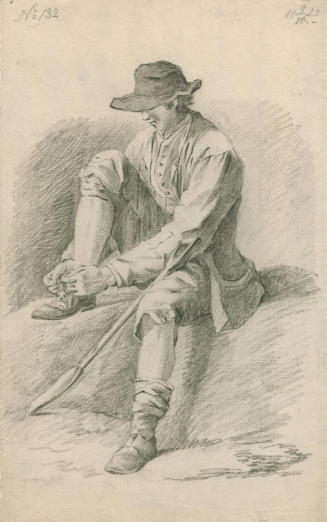 Martinus Pouwelsen, een Walchers man met schep, een veter vastmakend. Tekening gedateerd 18-09-1823. Uit een reeks personages van Walcheren - Zeeuws Archief, Collectie KZGW, ZI-III-0903-40